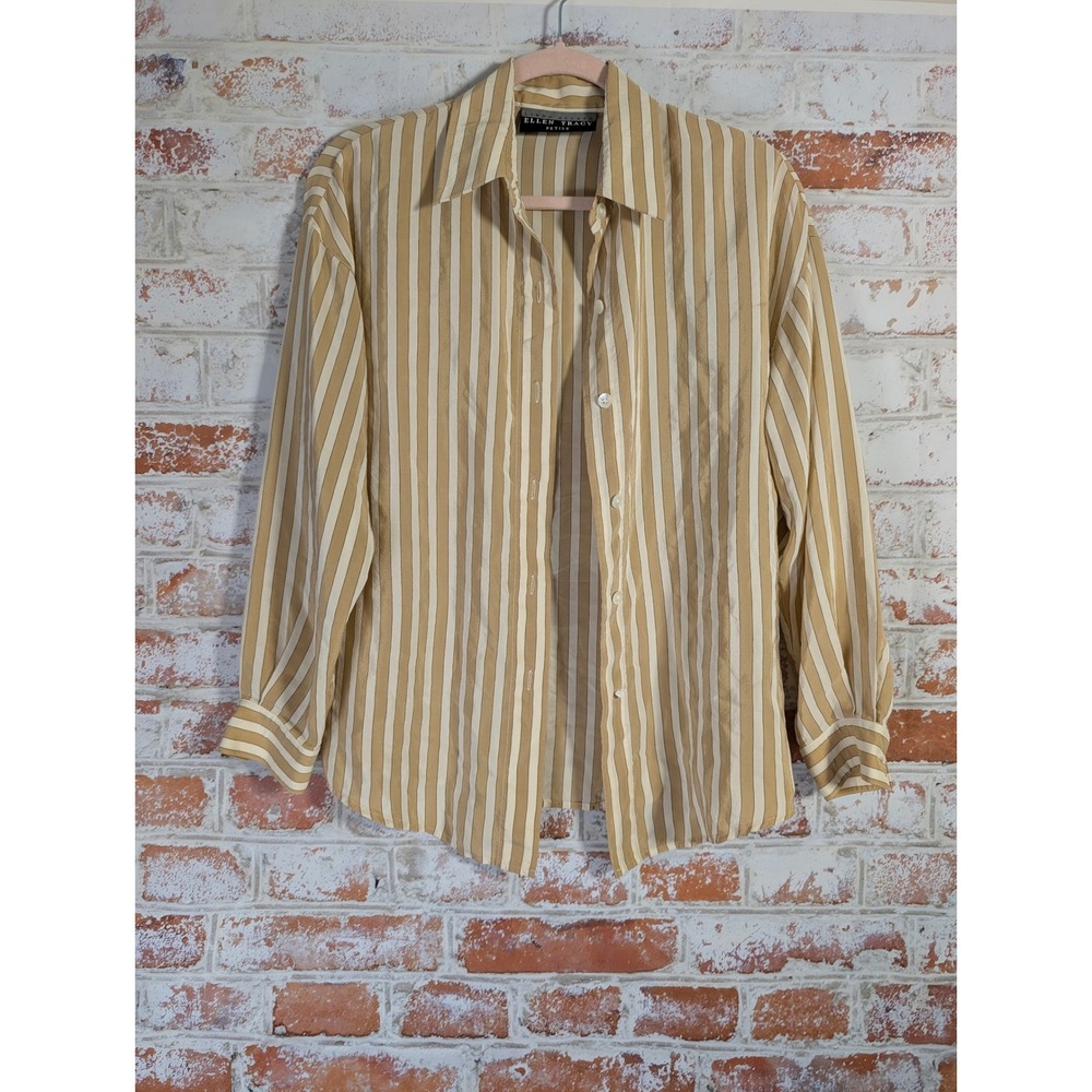 Ellen Tracy Striped Silk Blouse‎ Womens 6 Tan Cream Button Down